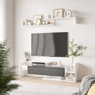 HOMCOM odern TV Cabinet with Wall Shelf, TV Unit with Storage Shelf and Cabinet, for Wall-Mounted 65" TVs or Standing 40" TVs, White and Grey