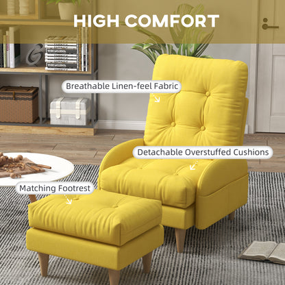 HOMCOM pholstered Recliner Armchair with Footstool Set, Modern Button Tufted Accent Chair with Adjustable Backrest, Cushions, Wood Legs and Side Pockets for Living Room, Bedroom, Home Study, Yellow