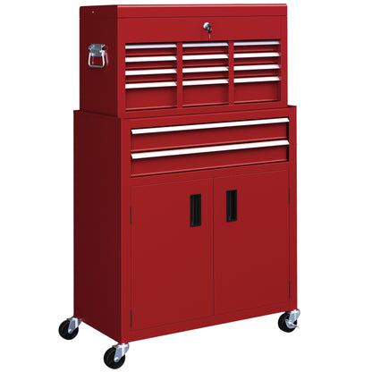 HOMCOM ortable Tool Box, Metal Tool Chest on Wheels with 6 Drawers for Garage and Workshop, Red