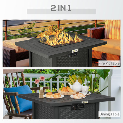 Outsunny Rattan-style Propane Gas Fire Pit Table with 40,000 BTU Burner, Square Smokeless Firepit Patio Heater with Thermocouple, Lava Rocks, Waterproof Cover, Spark Guard, and Lid