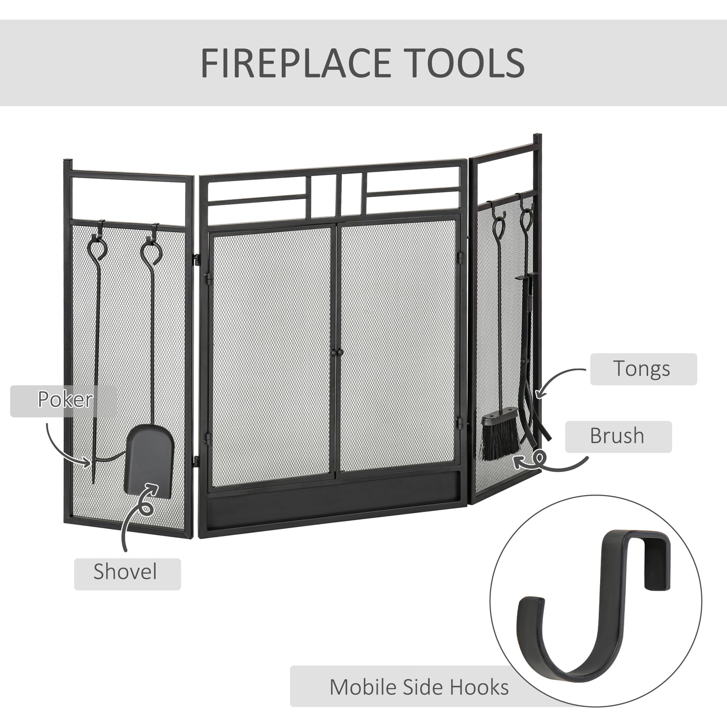 HOMCOM Panel Folding Fireplace Screen with 4 Tools Set, Steel Mesh Spark Guard with Double Door for Open Fire, Log Burner, 122W x 80H cm, Black