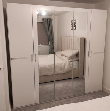 5 Door White Mirrored Wardrobe with Shelves and Hanging Rails - Annabelle Collection