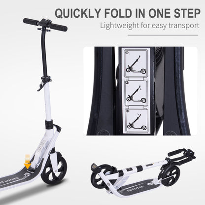 HOMCOM olding Kick Scooter Hight-Adjustable Urban Scooter w/ Rear Brake, Double Shock Absorption System & 2 Big Wheels, For 14+ Teens Adult, White