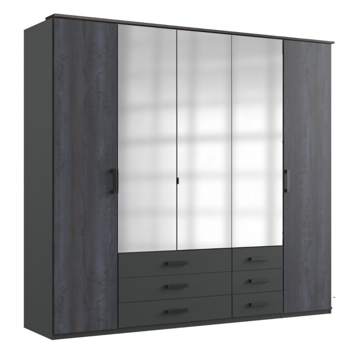 Bodden Modern 5 Door Wardrobe with Mirrored Door | Graphite & Digi Steel Finish | Ample Storage Solutions