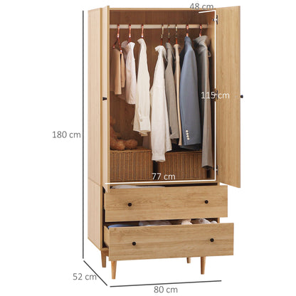 HOMCOM ardrobe with 2 Doors, 2 Drawers, Hanging Rail for Bedroom Clothes Storage Organiser, 80x52x180cm, Natural Tone