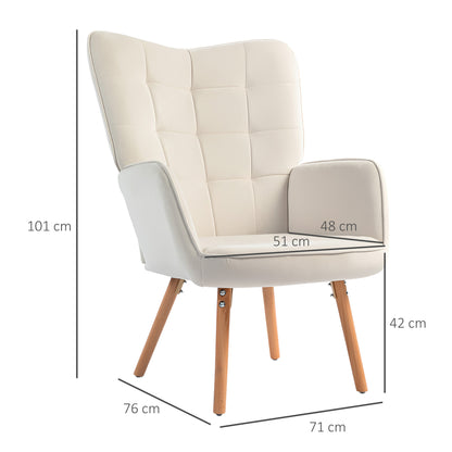 HOMCOM odern Accent Chair Velvet-Touch Tufted Wingback Armchair Upholstered Leisure Lounge Sofa Club Chair with Wood Legs, Cream White