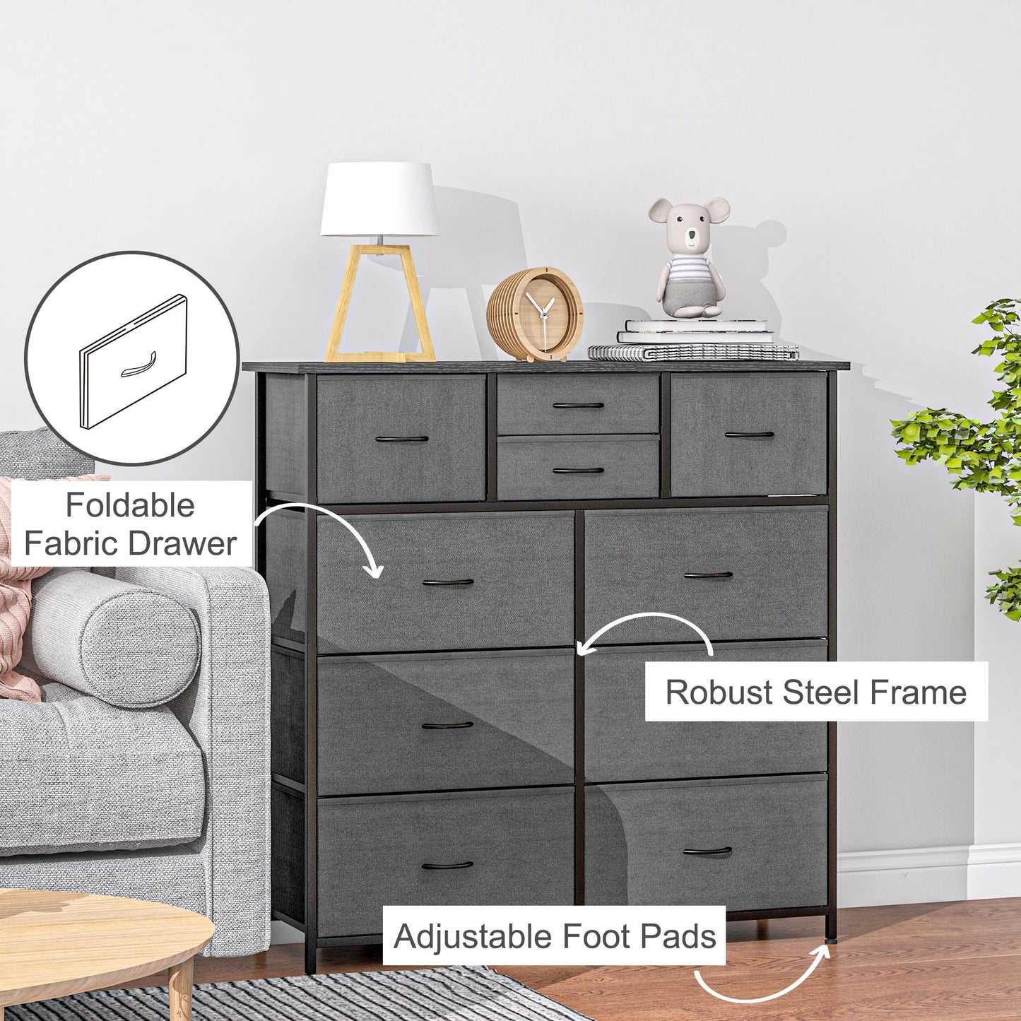 HOMCOM edroom Chest of Drawers, 10 Drawer Dresser with Foldable Fabric Drawers and Steel Frame, Black