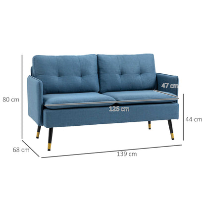 HOMCOM Modern 2 Seater Sofa, Button Tufted Loveseat with Cushions and Steel Legs for Living Room, Guest Room, Dark Blue Fabric