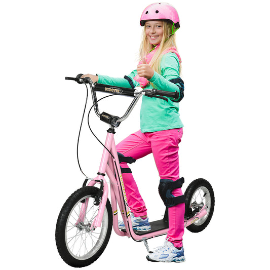 HOMCOM een Stunt Scooter Push Kick Scooters for Kids with Rubber Wheels Adjustable Handlebar Front Rear Dual Brakes Kickstand, for 5+ Years, Pink