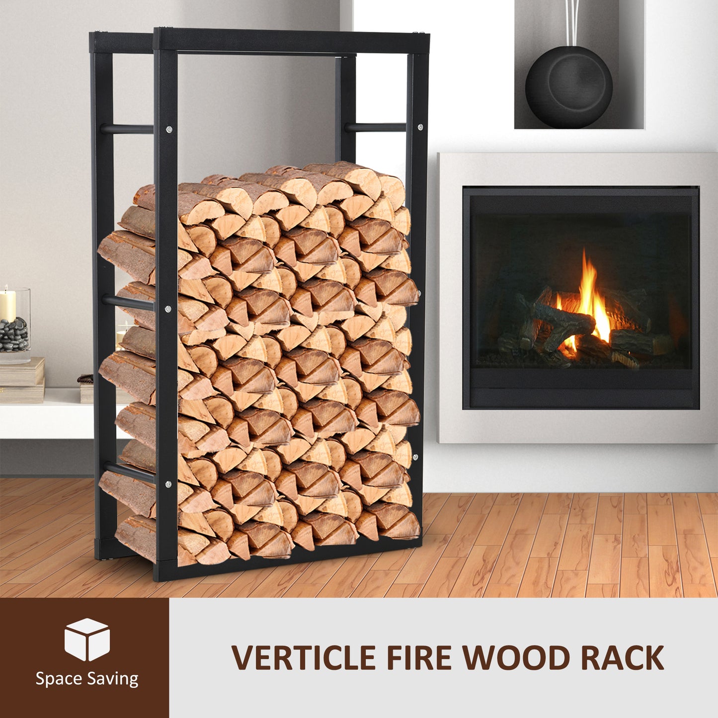 HOMCOM etal Firewood Log Holder Tall Firewood Rack Indoor Outdoor Fireplace Wood Storage Shelf with Side Rails, Rust-Resistant, Black, 60W x 25D x 100H cm