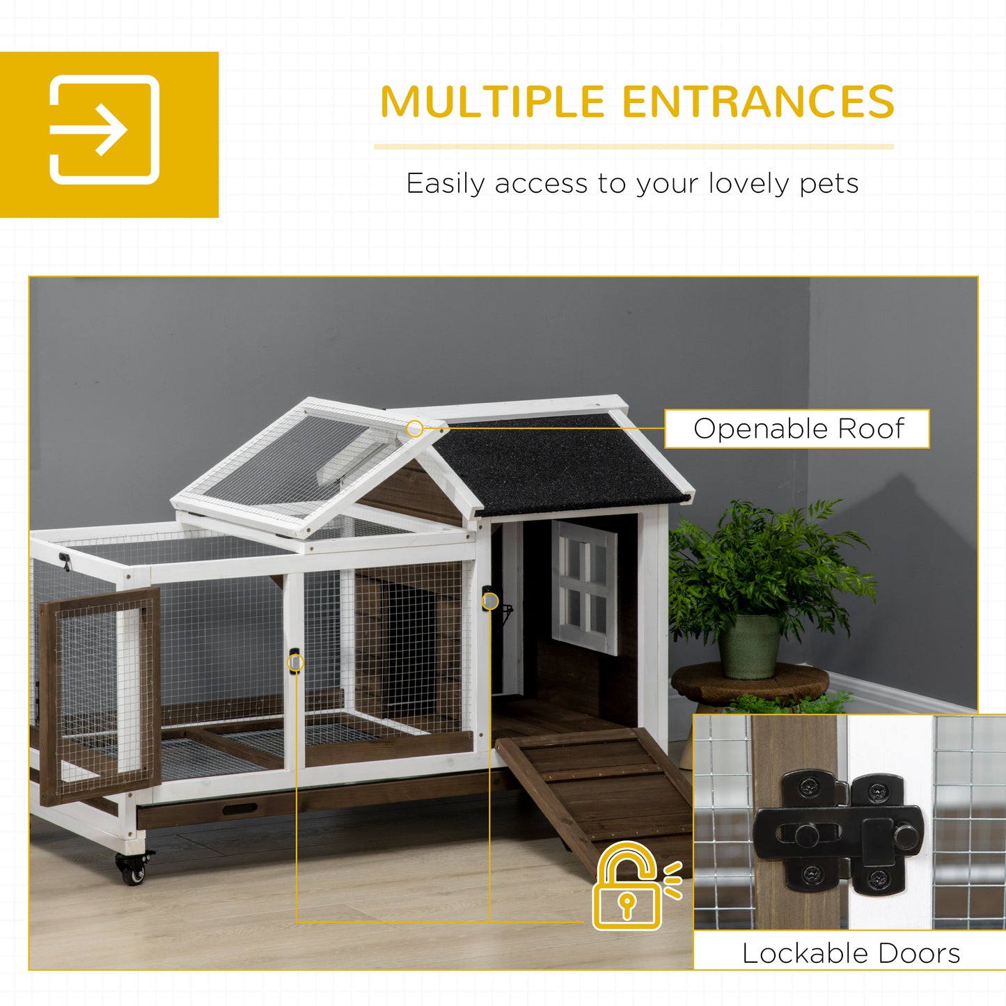 PawHut Wooden Rabbit Hutch, Guinea Pig Cage, with Removable Tray, Wheels - Brown