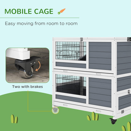 PawHut Double Deckers Guinea Pig Cage, Indoor Rabbit Hutch with Feeding Trough, Trays, Ramps, Openable Top - Grey