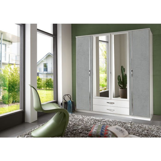 4 Door Mirrored Wardrobe with 2 Drawers | White & Grey Storage Solution | Modern Design