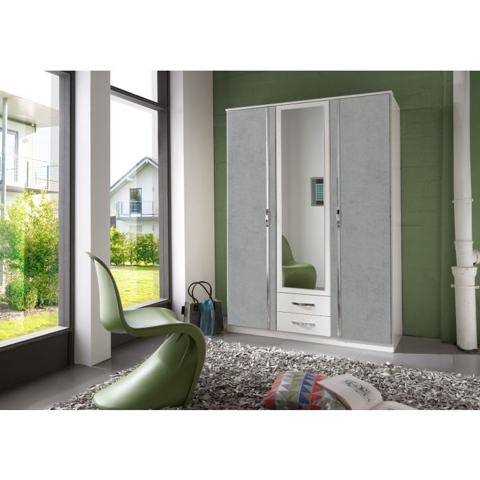 Dewi 3 Door Mirrored Wardrobe with 2 Drawers in White & Grey | Stylish & Practical | Furco