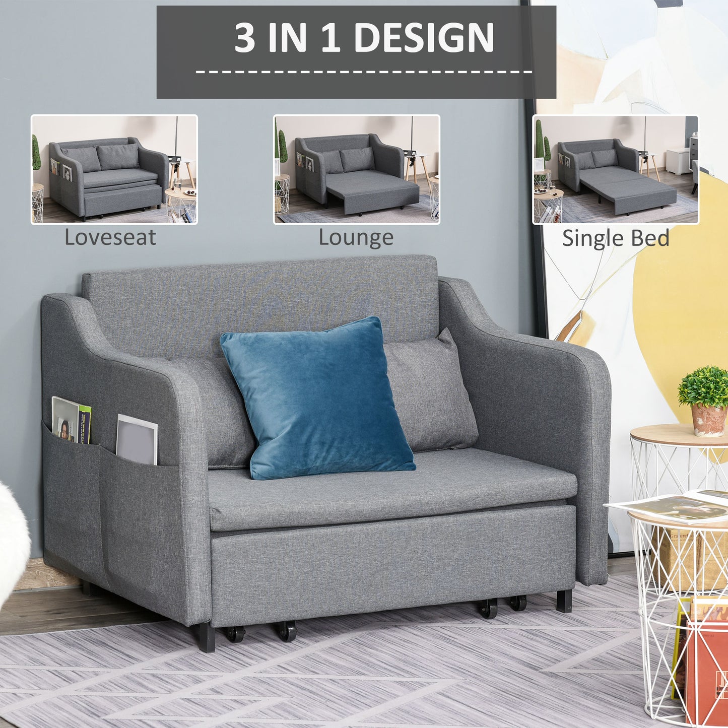 HOMCOM 2 Seater Sofabed, Pull Out Sofa Bed with Pillows and Side Pockets, Convertible Sleeper Couch for Living Room, Grey Fabric