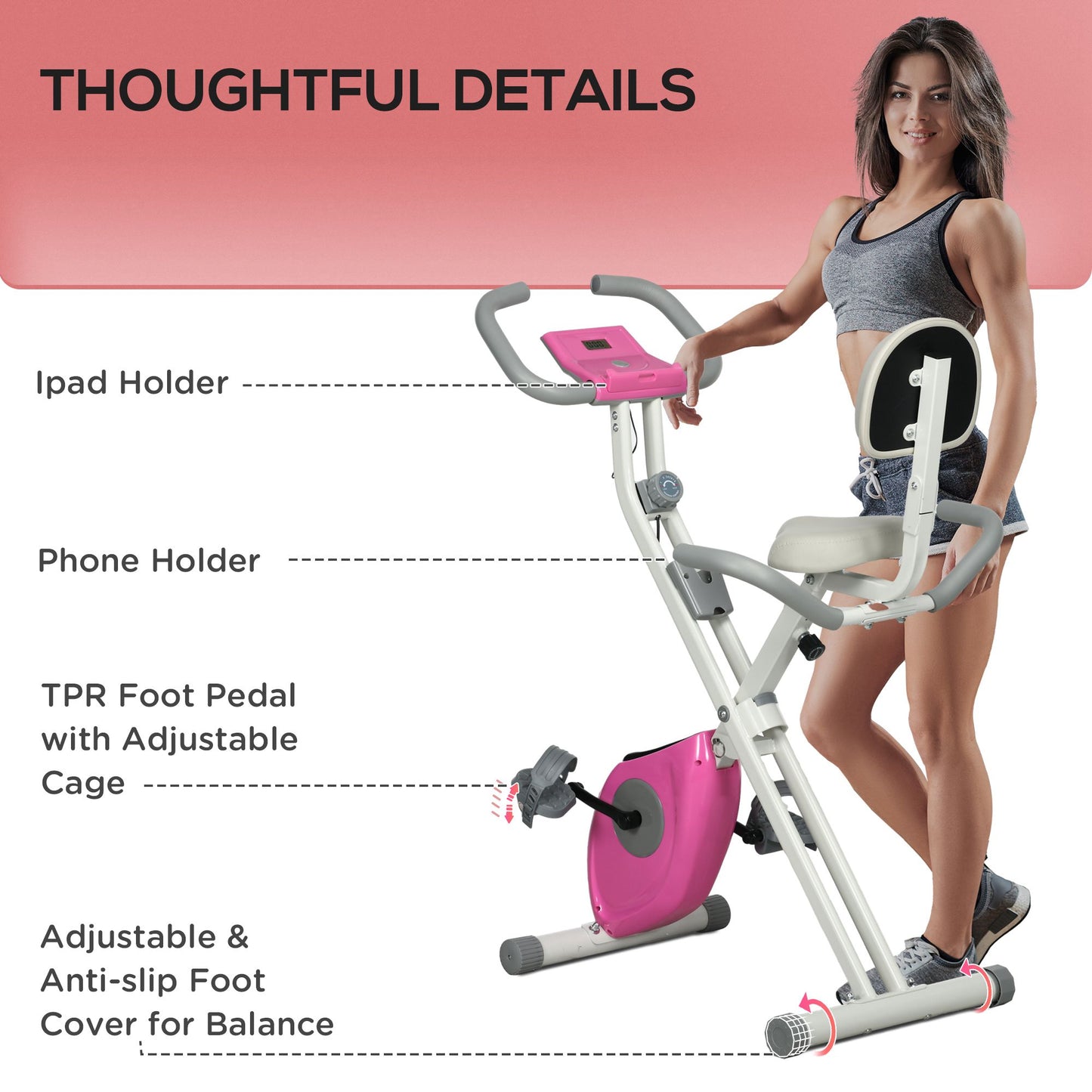 HOMCOM olding Exercise Bike, with Adjustable Magnetic Resistance, Seat Height - White and Pink