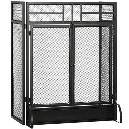 HOMCOM -Panel Folding Fireplace Screen with Door, Freestanding Spark Guard, Metal Mesh Fireguard, Black