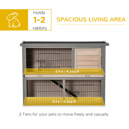 PawHut 2 Tier Wooden Rabbit Hutch Guinea Pig House Bunny Cage Backyard w/ Ramp Outdoor Run Built-in Tray Openable Roof Small Animal House Brown, 108 x 45 x 78 cm