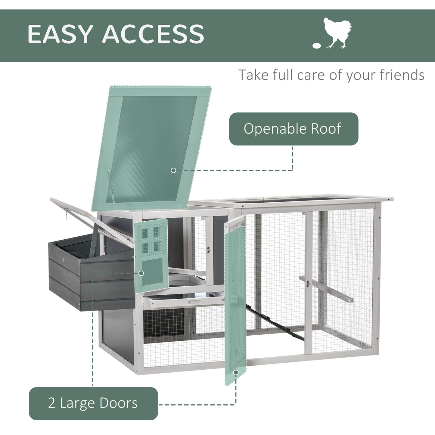 PawHut Deluxe Chicken Coop, Hen House, Wooden Poultry Cage w/ Outdoor Run, Nesting Box, Removable Tray, Openable Hollow Sheet Roof and Lockable Doors, 162 x 76.5 x 79.5cm