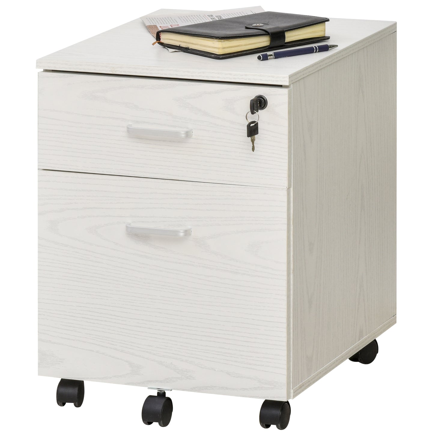 Vinsetto 2-Drawer Locking Office Filing Cabinet w/ 5 Wheels Rolling Storage Hanging Legal Letter Files Cupboard Home Organisation White Wood Grain