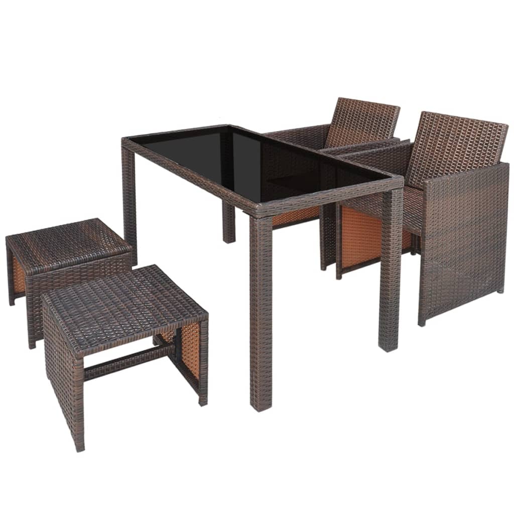 5 Piece Outdoor Dining Set With Cushions Poly Rattan Brown