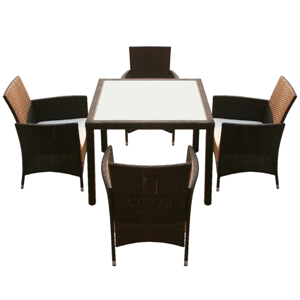 5 Piece Outdoor Dining Set With Cushions Poly Rattan Brown