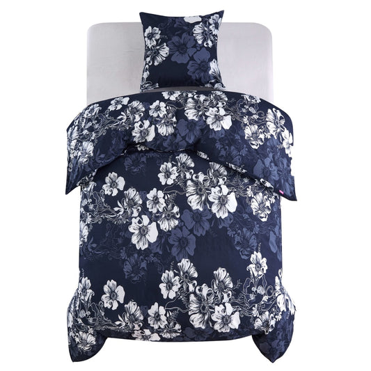 Duvet Cover Set Floral Design Navy 140X220/60X70 Cm