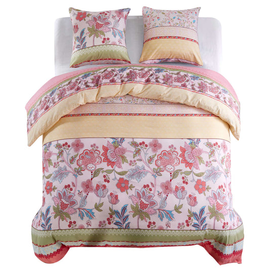 Duvet Cover Set Floral/Striped Pink 200X220/80X80 Cm