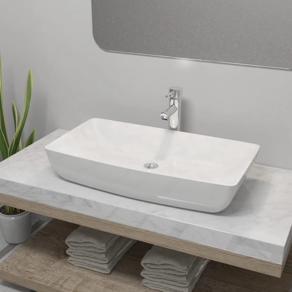 Bathroom Basin With Mixer Tap Ceramic Rectangular White