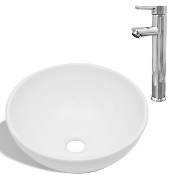 Bathroom Basin With Mixer Tap Ceramic Round White