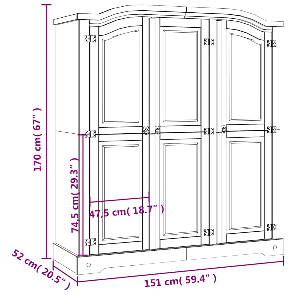 Wardrobe Mexican Pine Corona Range 3 Doors Grey