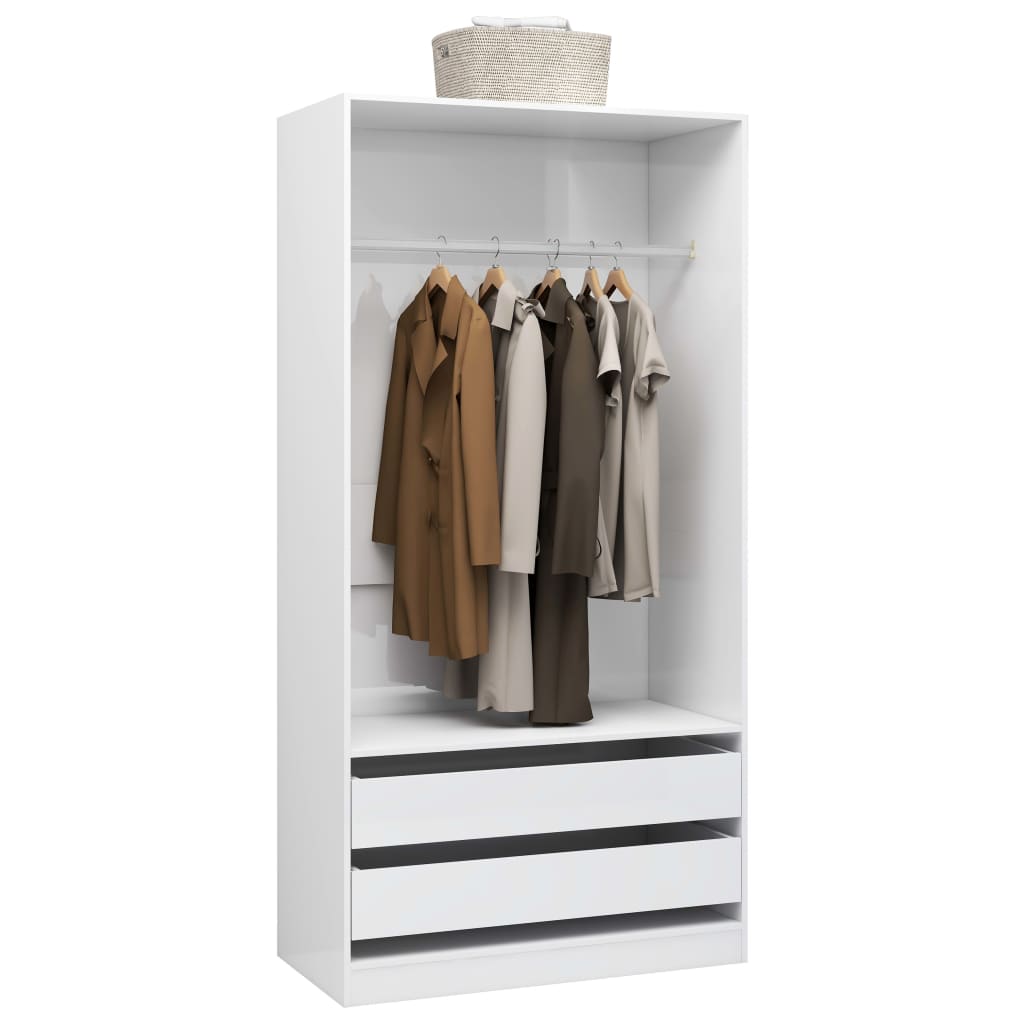 Wardrobe High Gloss White 100X50X200 Cm Engineered Wood | Hinged | High Gloss White | 2 Drawers | 2 Doors | 100cm