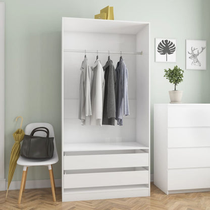 Wardrobe High Gloss White 100X50X200 Cm Engineered Wood | Hinged | High Gloss White | 2 Drawers | 2 Doors | 100cm