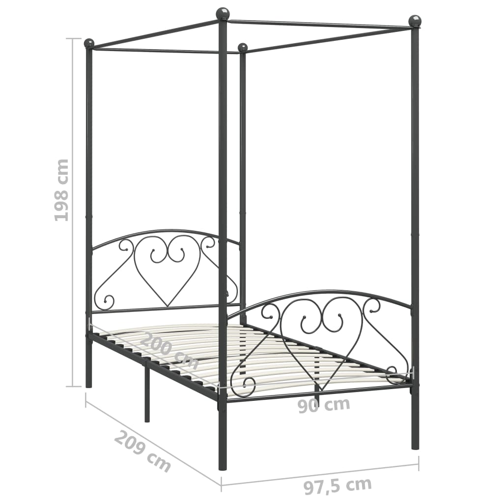 284440 Canopy Bed Frame Without Mattress Grey Metal 90X200 Cm