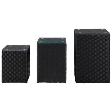 Side Tables 3 Pcs With Glass Top Black Poly Rattan