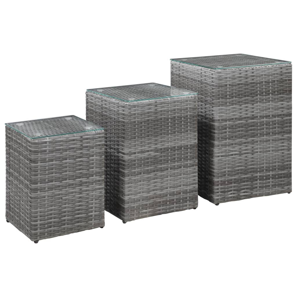 Side Tables 3 Pcs With Glass Top Grey Poly Rattan