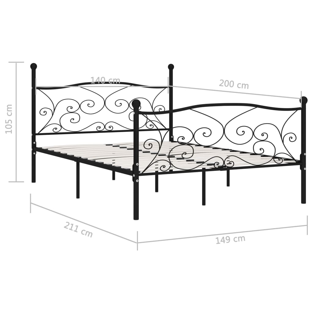 Bed Frame With Slatted Base Black Metal 140X200 Cm