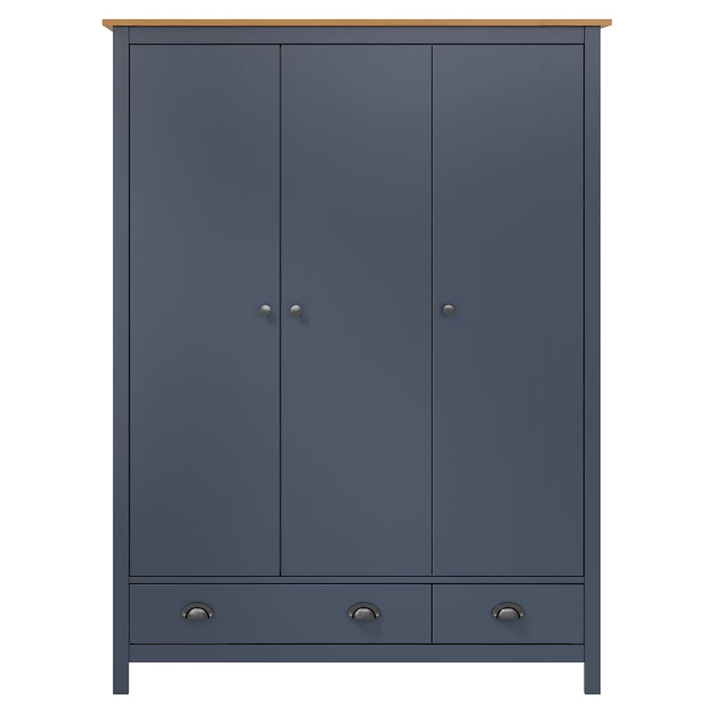 3-Door Wardrobe Hill Grey | Hinged | Solid Pine Wood | 2 Drawers 5 Shelves | 3 Doors | 127cm