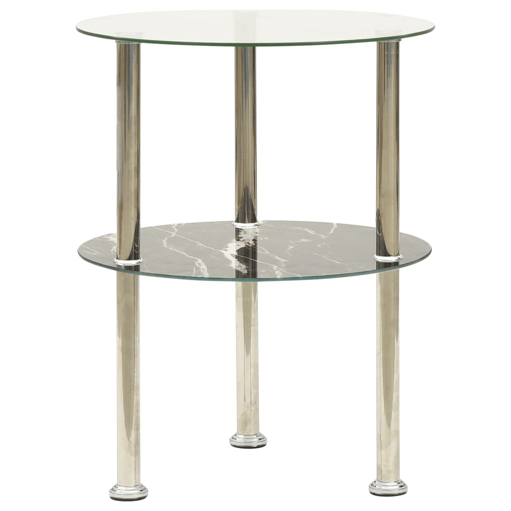 2-Tier Side Table Transparent & Black Marble 38 Cm Tempered Glass