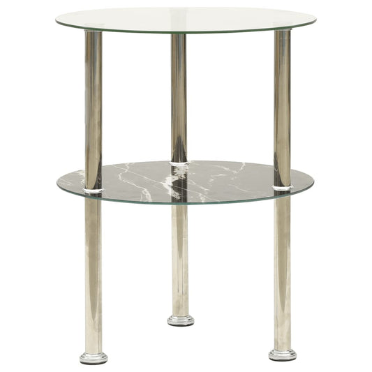 2-Tier Side Table Transparent & Black Marble 38 Cm Tempered Glass