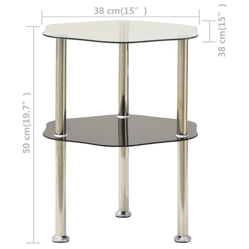 2-Tier Side Table Transparent & Black 38X38X50Cm Tempered Glass