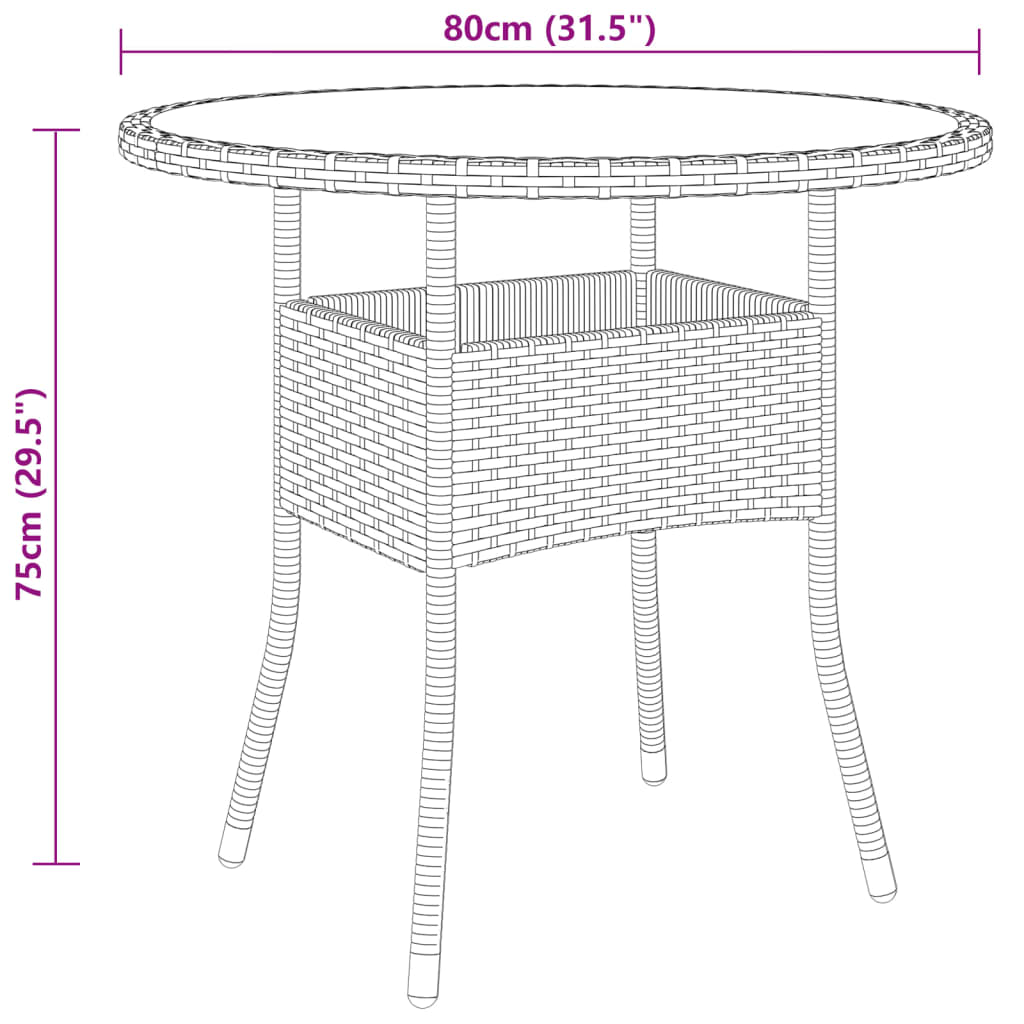 Garden Table Ø80X75 Cm Tempered Glass And Poly Rattan Beige