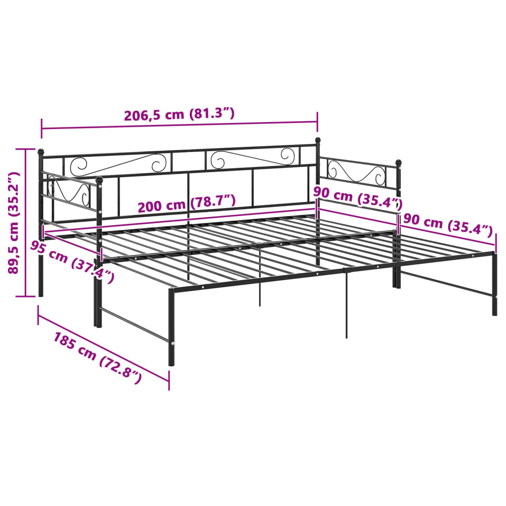 Pull-Out Sofa Bed Frame Black Metal 90X200 Cm