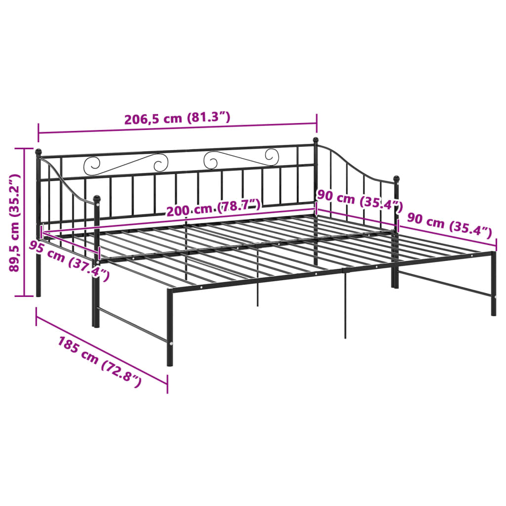 Pull-Out Sofa Bed Frame Without Mattress Black Metal 90X200 Cm