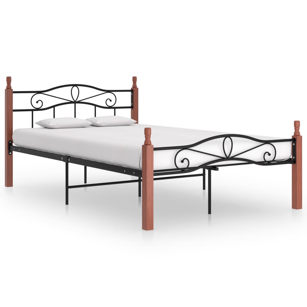 Bed Frame Black Metal And Solid Oak Wood 120X200 Cm