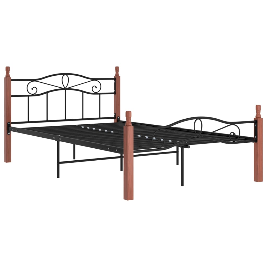 Bed Frame Black Metal And Solid Oak Wood 120X200 Cm