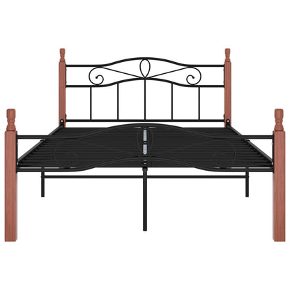 Bed Frame Black Metal And Solid Oak Wood 120X200 Cm