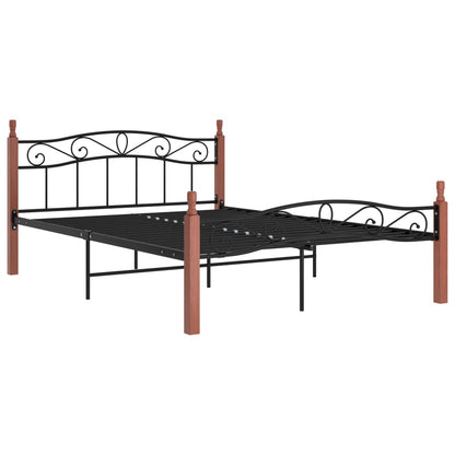 Bed Frame Black Metal And Solid Oak Wood 140X200 Cm