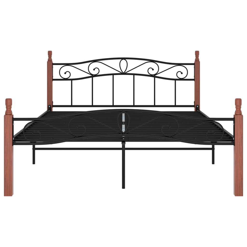 Bed Frame Black Metal And Solid Oak Wood 140X200 Cm