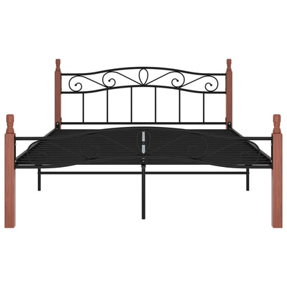 Bed Frame Black Metal And Solid Oak Wood 140X200 Cm